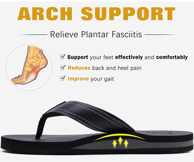 KuaiLu Men's Leather Flip Flops Arch Support Summer Beach Pool Water Thong Sandals Waterproof Rubber Walking Shoes Slip on Orthotic Casual Sport Cushioned Wide Slides Shower Slippers Black Size 10 - Image 4